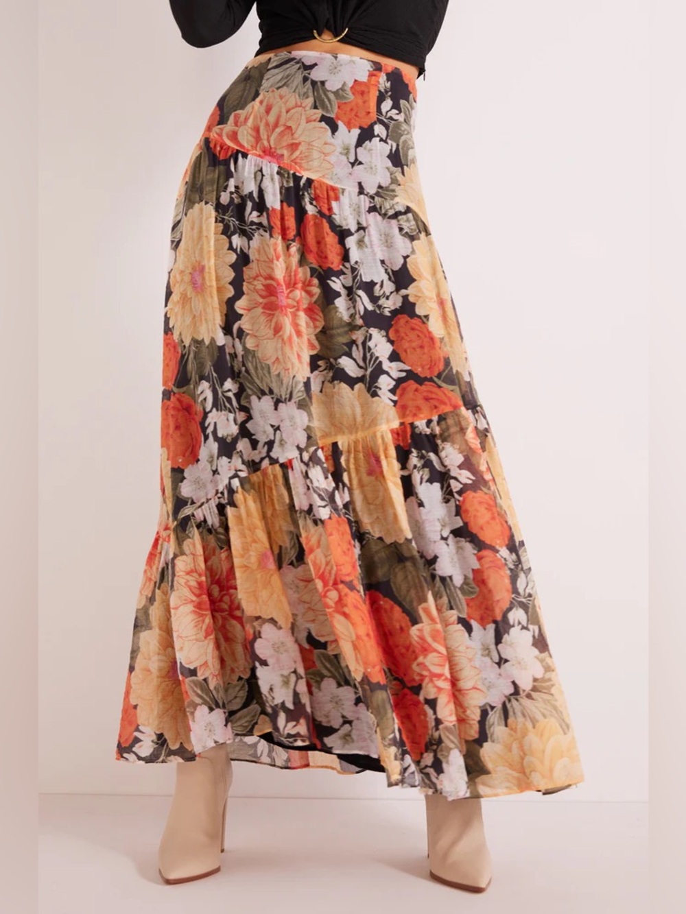 MINKPINK Clementine Black Orange Floral Tiered Maxi Skirt Medium Whimsigoth Boho